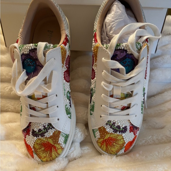 Betsey Johnson Shoes - Betsey Johnson White Sneakers with Multicolor Beaded Floral Embellishments